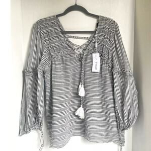 Derek Lam Gray Striped Cotton Tassel-Tie Boho Tunic Size 10